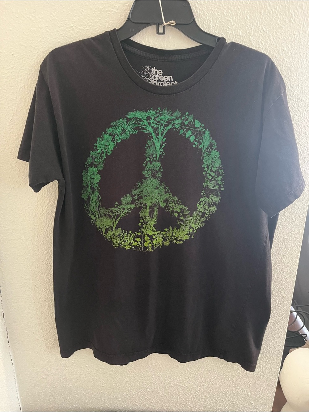 The Green Project Black T-Shirt with Green Peace Sign Graphic